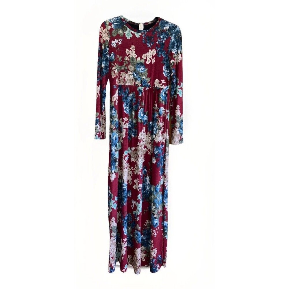Bellamie Womens Large Maxi Long Sleeve Red Floral Stretch Dress with Pockets